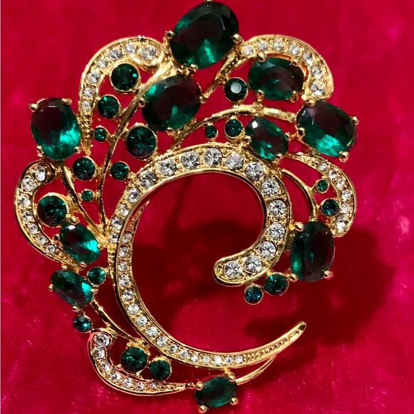 💎 Vtg. Camrose & Kross Jbk Emerald & Clear Glass Rhinestone Feather💎#BROC - Picture 8 of 16
